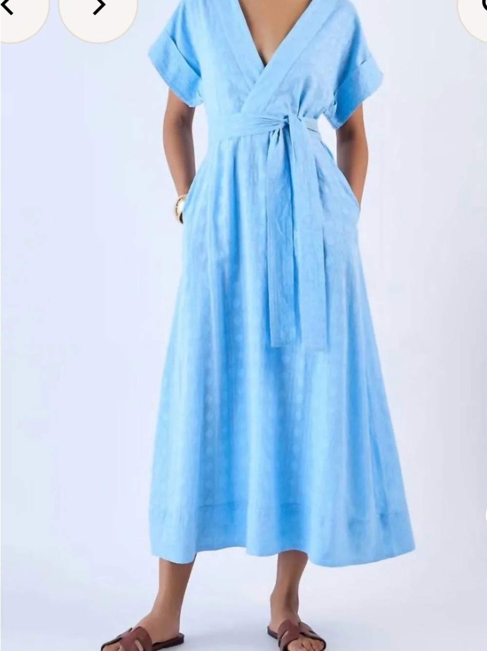 Light Blue Wrap Midi Dress with Tie Waist